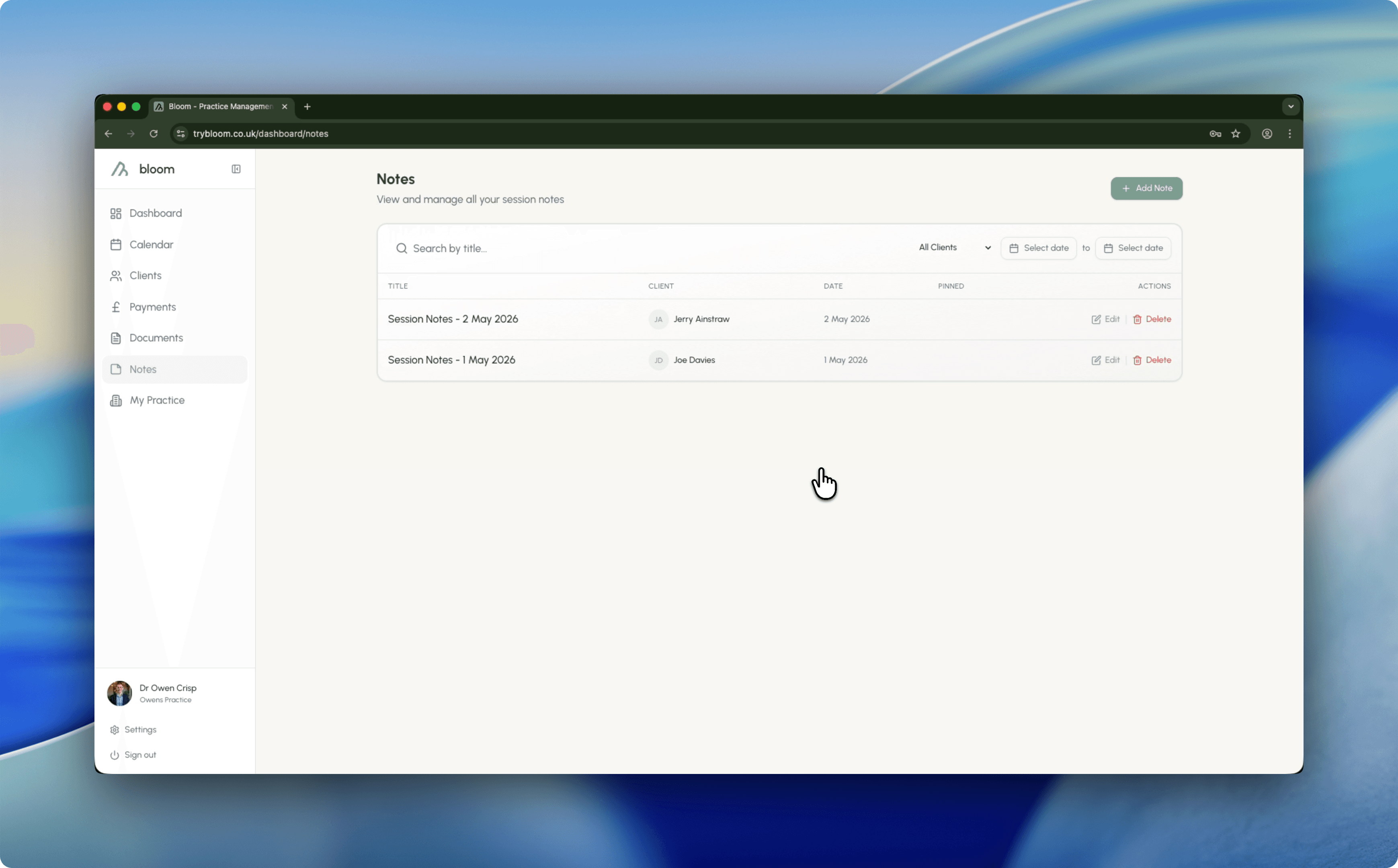 Bloom notes dashboard showing saved session notes