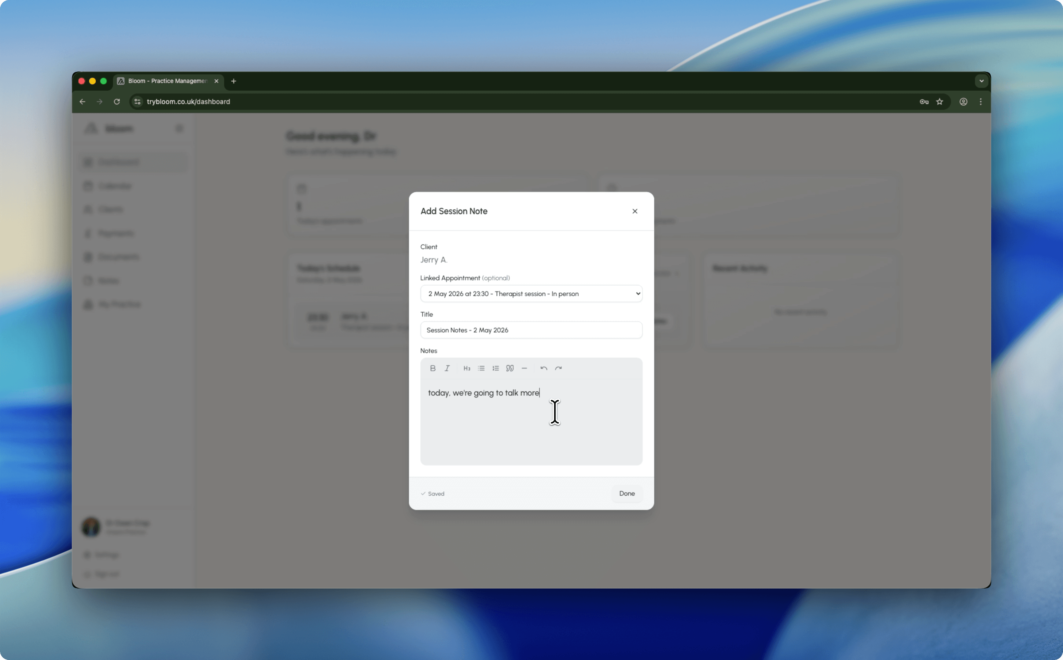 Add session note modal in Bloom