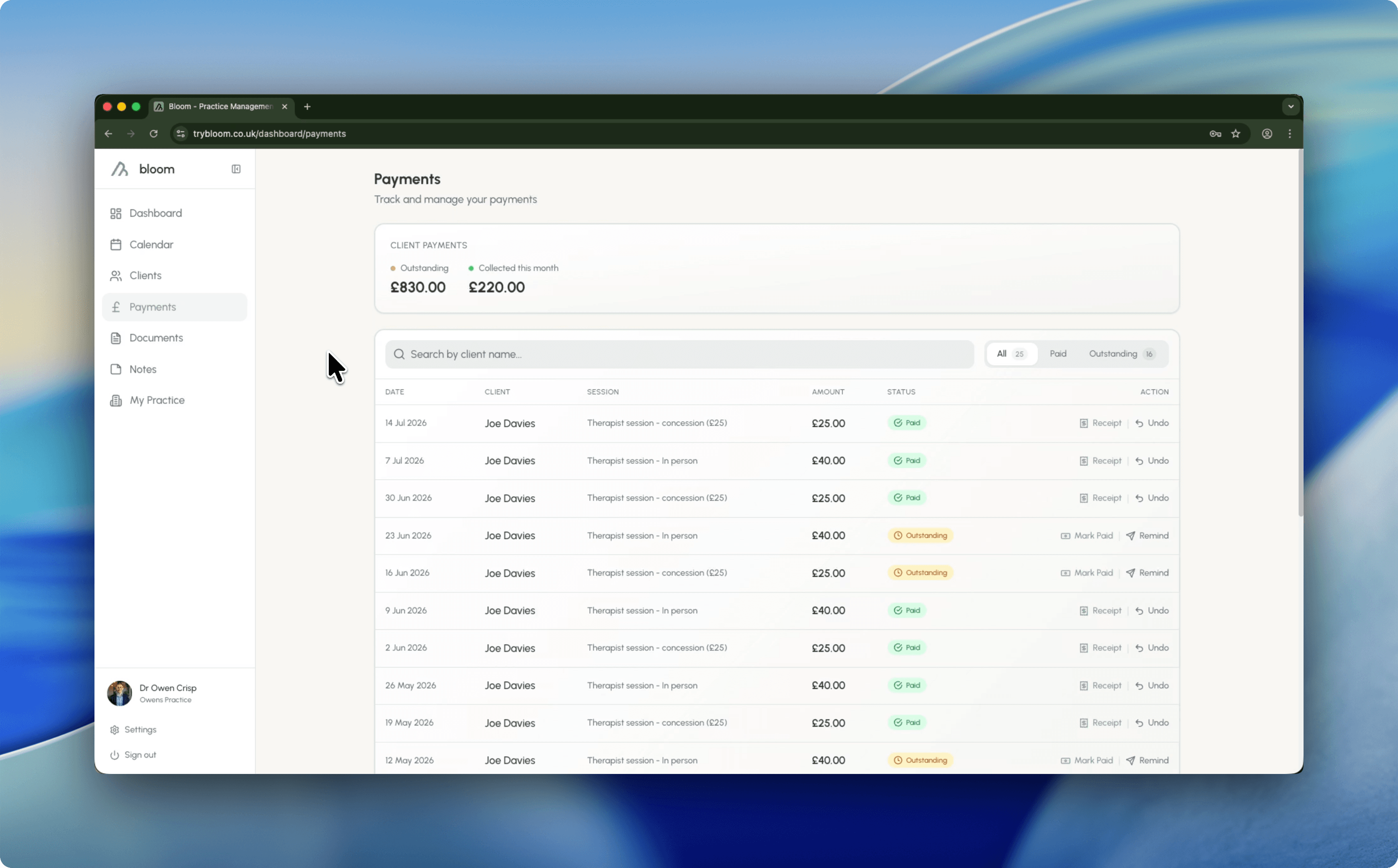 Bloom payments dashboard showing paid and unpaid sessions