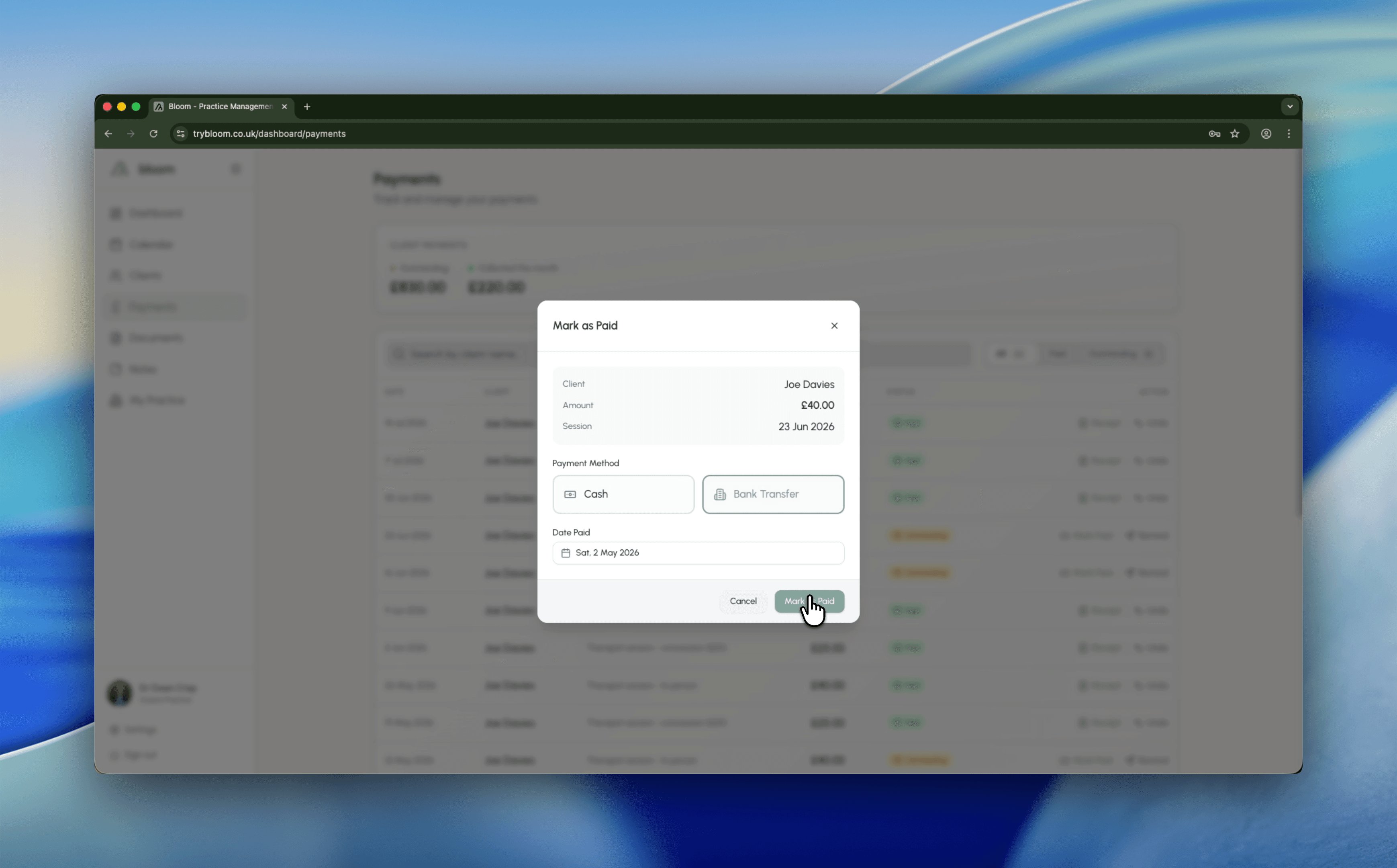 Mark as paid modal in Bloom payments