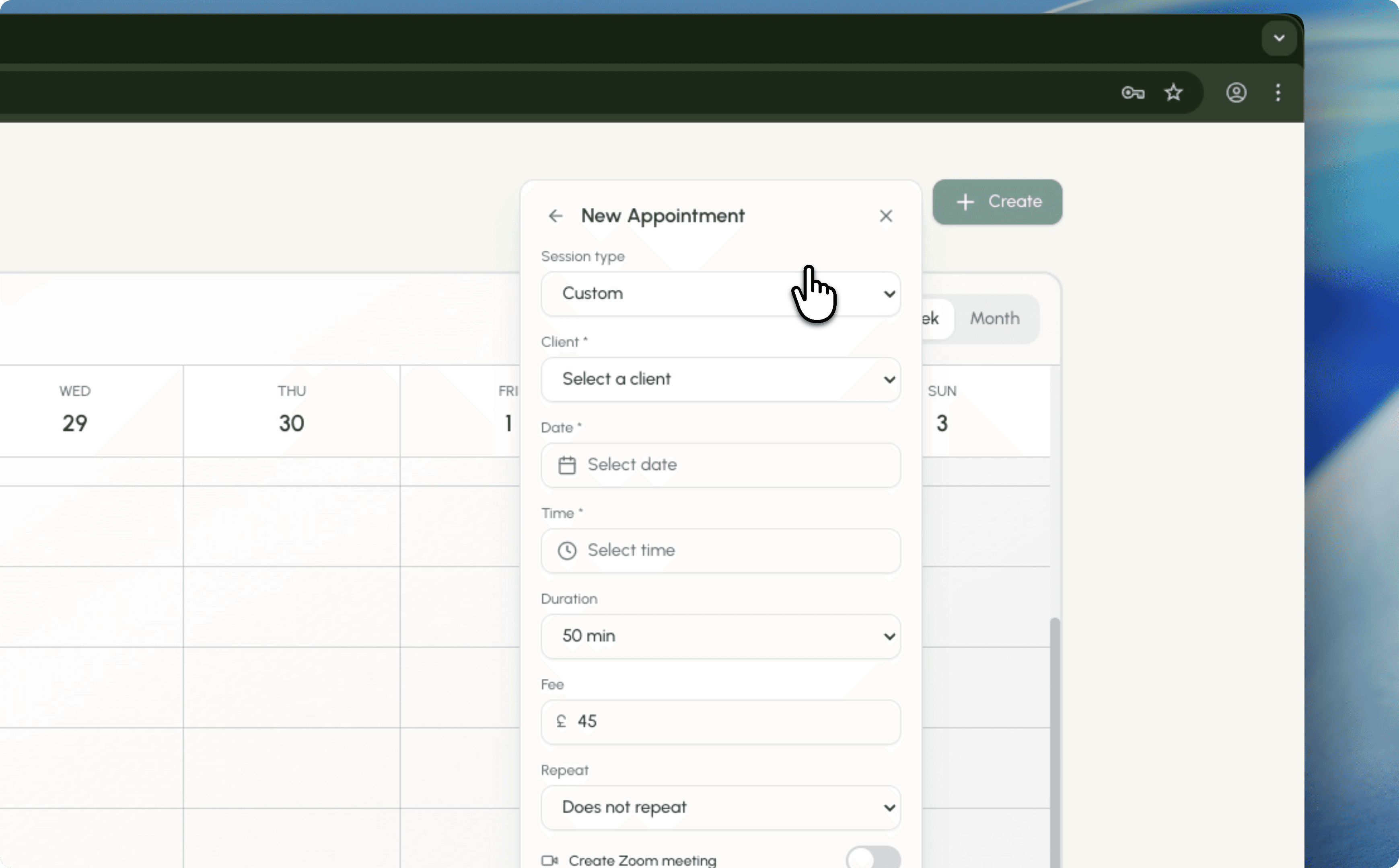 New appointment panel over Bloom calendar