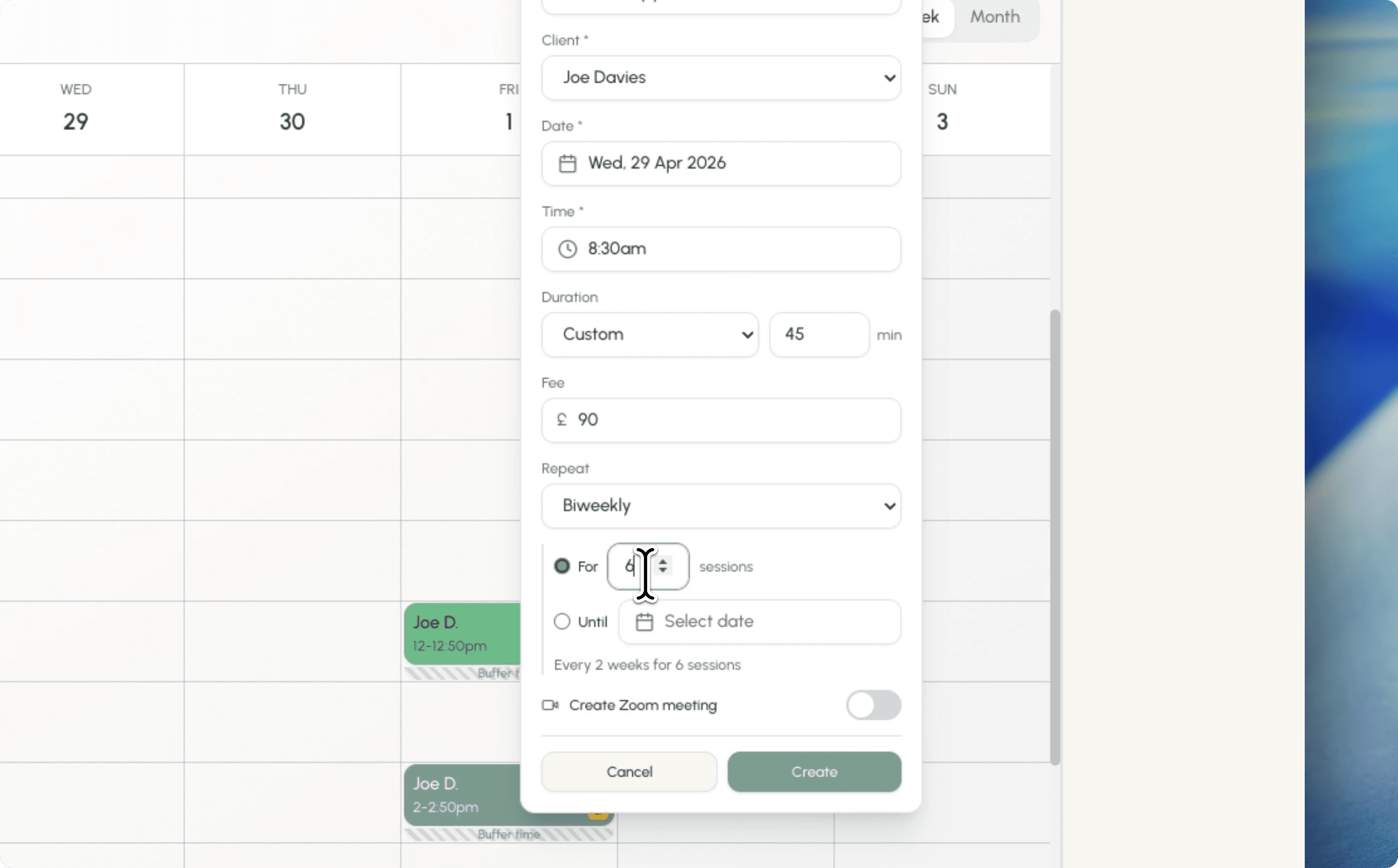 Recurring session setup in Bloom appointment form