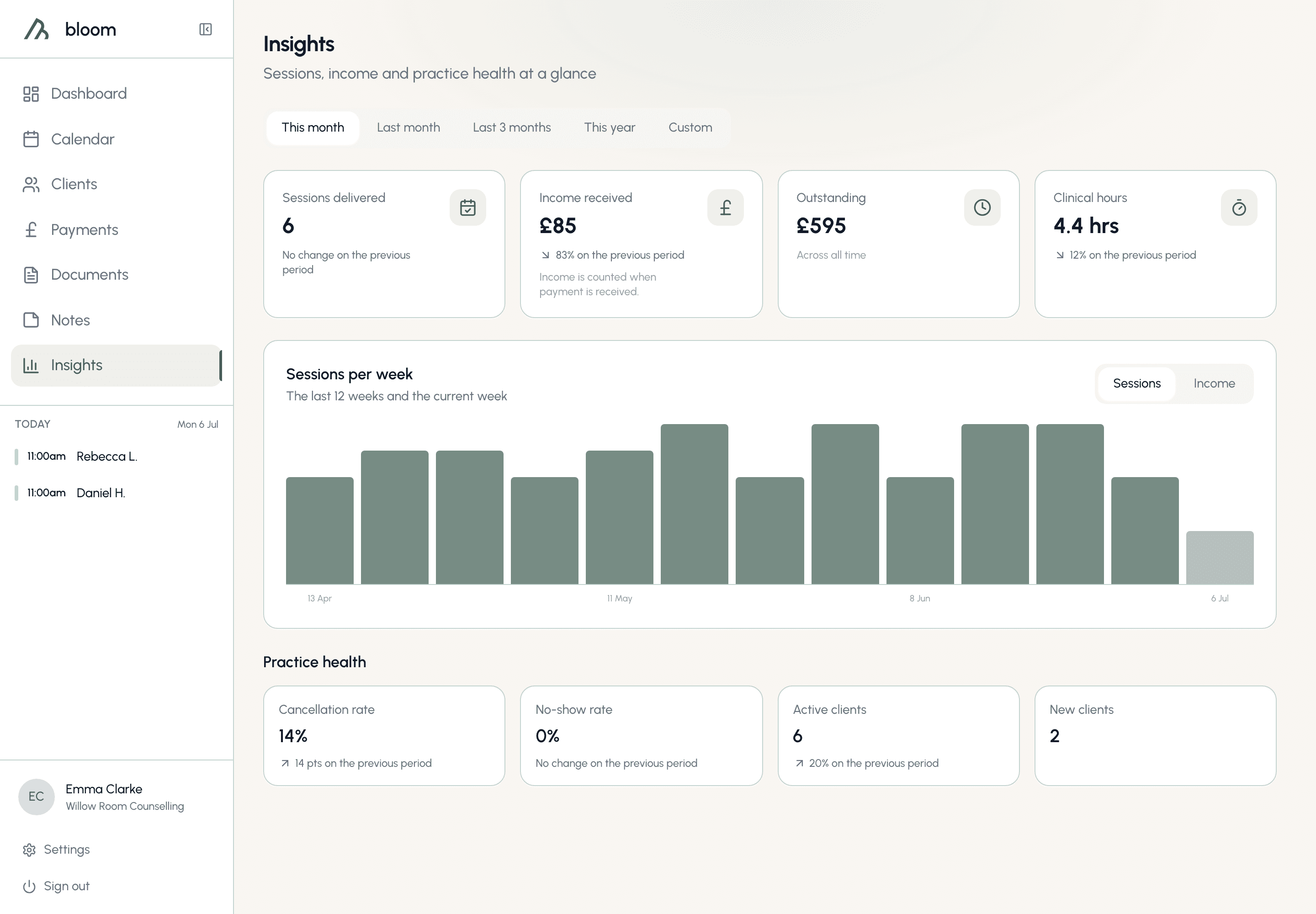 Bloom Insights showing period filters, sessions delivered, income received, outstanding payments, clinical hours and a weekly chart